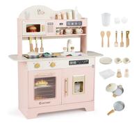 COSTWAY Wooden Toy Kitchen, Kids Pretend Play Kitchen with 17 Pcs Accessories, Realistic Microwave, Oven, Coffee Maker, Sink, Interactive Toy Role Play Playset for 3+ Years Old (Pink)