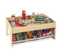 COSTWAY Wooden Train Table, Kids Train Track Activity Table with 2 Reversible Tabletops, 3 Fabric Drawers, 94 Accessories, DIY Railway Playset for Boys Girls (Natural+Grey Drawers)