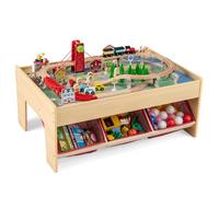 COSTWAY Wooden Train Table, Kids Train Track Activity Table with 2 Reversible Tabletops, 3 Fabric Drawers, 94 Accessories, DIY Railway Playset for Boys Girls (Natural+Red Drawers)