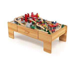 COSTWAY Wooden Train Track Set, 2-in-1 Kids Activity Table with Reversible Tabletop, 100 Pieces Toy and Storage Drawer, Creative Railway Playset for Boys Girls