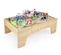 COSTWAY Wooden Train Track Set, 3-in-1 Kids Activity Table | with Storage Drawer, Solid Wood Track, Figures and Vehicles, 110 Pieces Toy Railway Playset for 3+ Years Old Boys Girls