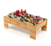 COSTWAY Wooden Train Track Set Age 3+, 2-in-1 Kids Activity Table with Reversible Tabletop, 100 Pieces Toy and Storage Drawer, Creative Railway Playset for Boys Girls