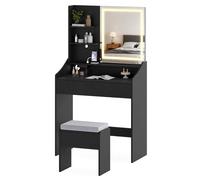 Costway Wooden Vanity Desk Set w/ Mirror & Lights Makeup Table w/Storage Stool in Black COSTWAY Black