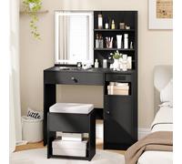 Costway Wooden Vanity Desk w/ Stool Makeup Dressing Table w/Mirror & Lights in Black COSTWAY Black
