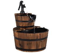 COSTWAY Wooden Water Pump Fountain, 2 Tier Barrel Waterfall Fountain with Water Speed Adjustment and Plastic Lining, Outdoor Cascading Water Feature for Garden