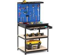 COSTWAY Workbench with Pegboard, Metal Garage Work Bench with Drawer, Shelves & 19 Hanging Accessories, Heavy Duty Tool Storage Workstation Unit for Workshop Warehouse, 290kg Capacity (Navy + Black)