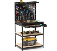 COSTWAY Workbench with Pegboard, Metal Garage Work Bench with Drawer, Shelves & 19 Hanging Accessories, Heavy Duty Tool Storage Workstation Unit for Workshop Warehouse, 290kg Capacity (Black)
