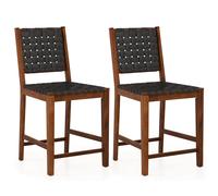 Costway Woven Bar Stools Set of 2 Counter Height Chairs w/ Faux PU Leather Straps in Brown COSTWAY Brown