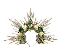 COSUCOS Renfaire Roses Halo Crown - Handmade Woodland Goddess Headpiece with Crystal Gold Sunburst Headband Spiked Green Rose Flower Headband for Women Fairy Renaissance Cosplay Halloween