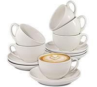 Cosumy 6 Cappuccino Cups & Saucers White - Tea Cups Set of 6 - Coffee Cups Ceramic Set - Cup and Saucer Set - Coffee Cup Set for Home, Office & Café - Tea Cups and Saucers - Flat White Cups -180ml