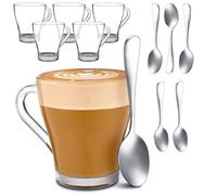 Cosumy 6 Glass Coffee Mugs 250 ml with Spoons - Cappuccino Glasses and Cups | Narrow taper holds the heat in, right height for a bean to cup machine, dishwasher safe, for cocoa, tea or latte, set for 6