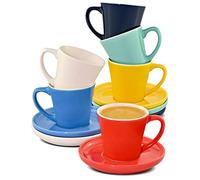 Cosumy Espresso Cup and Saucer Set of 6 - Colourful Ceramic 70ml / 2.36oz - Stackable Design - Keeps Warm for a Long time - Gift Box
