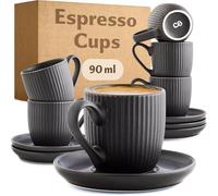 Cosumy Espresso Cups and Saucers - Set of 6 - Black matt - 90ml - Stripe Pattern Ceramic - Dishwasher Safe - Microwave Safe - Modern Demitasse Cup Set