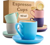 Cosumy Espresso Cups and Saucers - Set of 6 - Pastel matt - 90ml - Stripe Pattern Ceramic - Dishwasher Safe - Microwave Safe - Modern Demitasse Cup Set