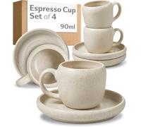 Cosumy Espresso Cups Set of 4 with Saucers White - 90 ml Ceramic Coffee Mug Set - Thick Stoneware Keeps Drinks Warm - Espresso Cup and Saucers for Expresso, Lungo - Elegant Small Coffee Cups