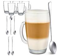 Cosumy Latte Macchiato Glasses 300ml - 6 Coffe Glasses Cups with Handle and Spoon - Keeps Warm for a Long Time - Ideal Size for Automatic Coffee Machines - Dishwasher Safe