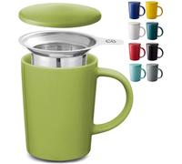 Cosumy Tea Cup with Infuser and Lid - 400ml Large - Ceramig Mug (Matcha Green)