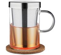 Cosumy Tea Cup with Infuser and Lid - Glass Tea Cup with Infuser and Lid - Large Tea Mug in Borosilicate Glass with Natural Cork Coaster - Fine-Mesh Filter 400ml