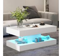 COSVALVE White Coffee Table Living Room Tables with LED Light, 2 Tier Centre Table High Gloss Modern Rectangle Tea Table for Home, Office