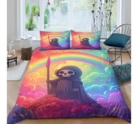 Cosy 3D Print Microfiber Rainbow Grim Reaper Bed Quilt Cover All Season Bedding Set w/Pillowcase Fantasy Art Style Duvet Cover Sets Easy Care Machine Washable for Boys Girls Kids Double（200x200cm）
