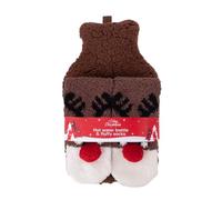 Cosy Christmas Hot Water Bottle & Fluffy Reindeer Socks Gift Set - Soft Burgundy Cover & Festive Socks with Pom-Poms - Winter Warmer & Christmas Eve Box Treat