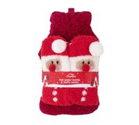 Cosy Christmas Hot Water Bottle & Fluffy Santa Socks Gift Set - Soft Burgundy Cover & Festive Socks with Pom-Poms - Winter Warmer & Christmas Eve Box Treat