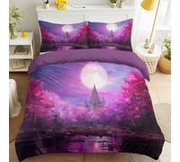 Cosy & Comfortable Delicate Touch, Double Duvet Cover Set, Non-Iron SuperSoft Bedding Set, Quilt Cover with 2 Pillowcases, Fantasy Mystic Purple Castle Forest Moon Night Sky, Purple