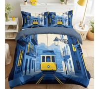 Cosy & Comfortable Delicate Touch, Queen Duvet Cover Set, Non-Iron SuperSoft Bedding Set, Quilt Cover with 2 Pillowcases, European Urban Vehicle Tram Serene Nostalgic, Blue