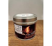 Cosy Fireplace Scented Candle - Double Wooden Wick, 20cl Tin with Protective Lid - Warm Smoked Woods, Crystalized Sugar & Amber Fragrance Blend for Cozy Home Ambiance