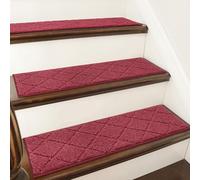 COSY HOMEER Edging Stair Treads Non-Slip Carpet Mat 28inX9in,15pc,Red | Indoor Stair Runner for Wooden Steps,Washable Adhesive Stairs Rugs for Kid,Elder,Dog,Polyester Carpet Stair Treads,TPE Back