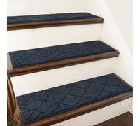 COSY HOMEER Edging Stair Treads Non-Slip Carpet Mat 28inX9in Indoor Stair Runners for Wooden Steps, Edging Stair Rugs for Kids and Dogs, 100% Polyester TPE Backing (4pc, Navy)