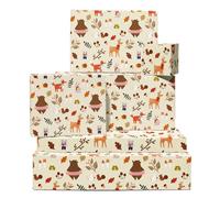 Cosy Woodland Wrapping Paper - 6 Sheets Of Brown Gift Wrap - Bear Deer Rabbit Fox Squirrel Frog - Autumn - For Men Women - Comes With Stickers - By Central 23