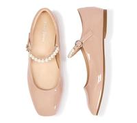 CosyFever Women's Pearl Strap Mary Jane Flats, Square Toe Dressy Ballet Flats, Elegant Comfortable Flats for Wedding, Party, Office, Nude, 4 UK