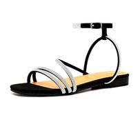 CosyFever Women's Rhinestone Dress Flat Sandals, Strappy Open Toe Ankle Strap Formal Flats for Wedding Guest, Party, Evening, Black, 8 UK
