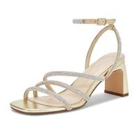 CosyFever Womens Rhinestone Sandals Ankle Strap Square Toe Dressy Heels Shoes for Party Wedding Dressy Dating, Gold, 5 UK