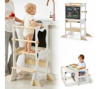 COSYLAND 3-in-1 Foldable Toddler Standing Tower, Convertible Kids Kitchen Stool Tower with 4 Extra Support Feet, Learning Helper for Bathroom Sink, with Blackboard (White & Natural)