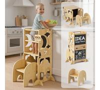 COSYLAND 4-In-1 Toddler Kitchen Step Stool - Foldable Learning Standing Tower with Blackboard - Convertible Wooden Kitchen Stool Helper for Kids Boys Girls (Natural)