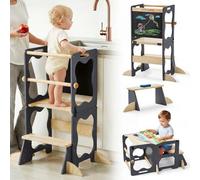 COSYLAND 4-in-1 Toddler Standing Tower, Convertible Kids Kitchen Step Stool with Anti-Drop Safety Rail, Multi-Use Learning Helper Tower for Kitchen Counter, with Blackboard (Black & Natural)