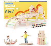 COSYLAND 7 in 1 Triangle Climbing Set - Wooden Kids Climbing Toys with Arch, Ramp & Ladder - Indoor Jungle Gym for Toddlers (Warm Shades,L)