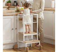 COSYLAND Adjustable Height Kids Kitchen Standing Stool, Toddler Learning Step Stool with Safety Bar and Four Support Corners, Safe Helper Tower for Ages 18 Months-6 Years (White & Natural)