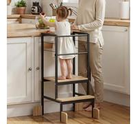 COSYLAND Adjustable Height Kids Kitchen Standing Stool, Toddler Learning Step Stool with Safety Bar and Four Support Corners, Safe Helper Tower for Ages 18 Months-6 Years (Black & Natural)