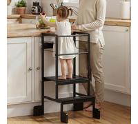 COSYLAND Adjustable Height Kids Kitchen Standing Stool, Toddler Learning Step Stool with Safety Bar and Four Support Corners, Safe Helper Tower for Ages 18 Months-6 Years (Black)