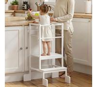 COSYLAND Adjustable Height Kids Kitchen Standing Stool, Toddler Learning Step Stool with Safety Bar and Four Support Corners, Safe Helper Tower for Ages 18 Months-6 Years (White)
