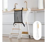 COSYLAND Foldable Kids Standing Stool with Safety Net - Height-Adjustable Folding Step Stool for Cooking & Learning - Ages 18 Months-6 Years (Natural & White)