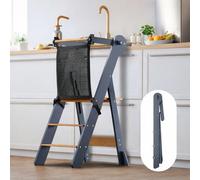 COSYLAND Foldable Kitchen Step Stool for Kids - Space-Saving Standing Stool with Protective Net - Height-Adjustable with Stabilizing Block (Grey & Natural)