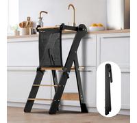 COSYLAND Foldable Kitchen Step Stool for Kids - Space-Saving Standing Stool with Protective Net - Height-Adjustable with Stabilizing Block (Black & Natural)