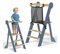 COSYLAND Foldable Toddler Standing Tower with Protective Screening - Height Adjustable Kid Kitchen Step Stool Helper for Learning and Cooking - Space Saving Kitchen Stand (Dark Grey & Natural)