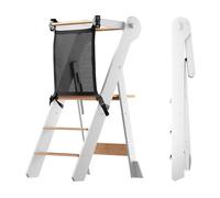 COSYLAND Foldable Toddler Standing Tower with Safety Net - Height Adjustable Folding Kid Kitchen Step Stool Helper for Learning and Cooking - Ages 18 Months to 6 Years (Natural & White)