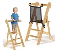 COSYLAND Foldable Toddler Standing Tower with Safety Net - Height Adjustable Kid Kitchen Step Stool Helper for Learning and Cooking - Stable Kid Kitchen Stand with Stabilizing Blocks (Natural)
