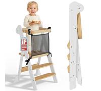 COSYLAND Foldable Toddler Standing Tower With Safety Net, IF Design Awarded - Height Adjustable Kitchen Step Stool for Kids - Space Saving Learning Helper Stool With Support Blocks (White & Natural)